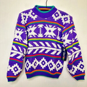 Vintage Deadstock Girls Purple Aztec Geometric Sweater Size M 10/12 AS IS